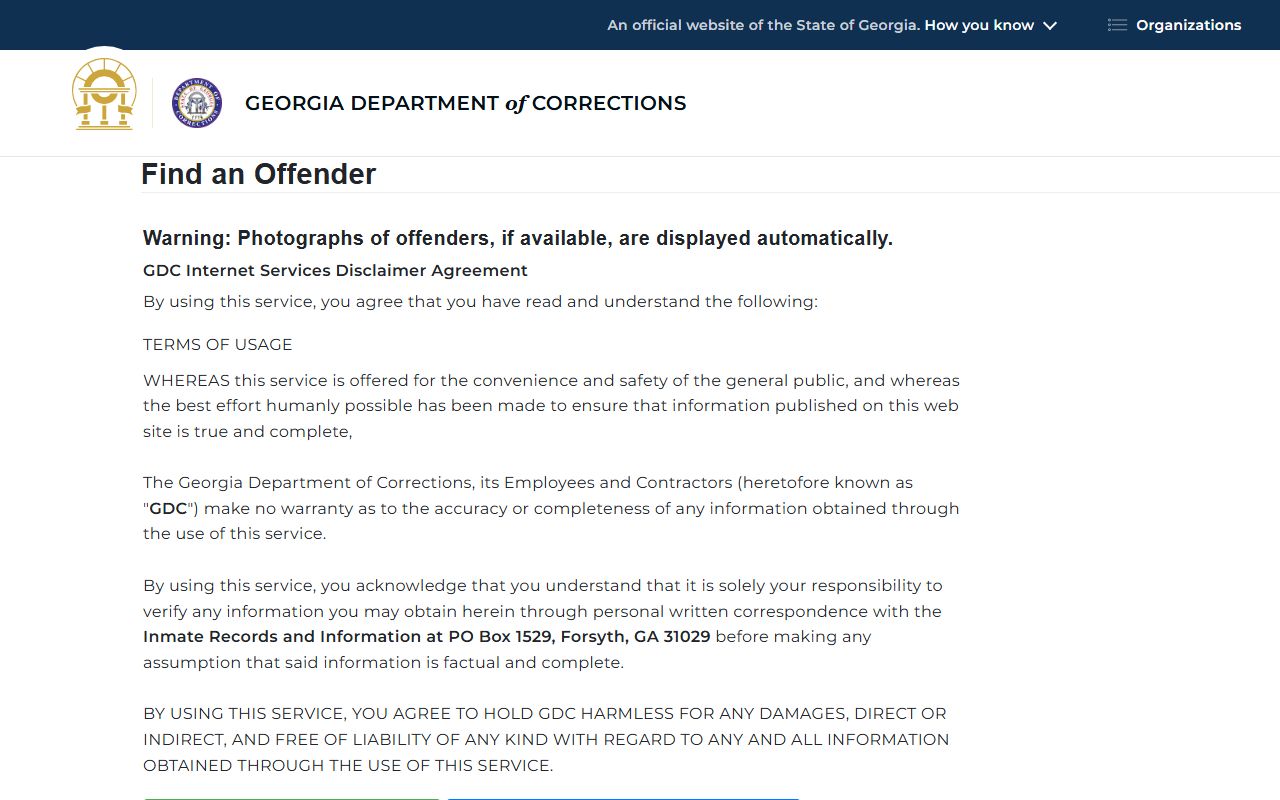 Jenkins Correctional Facility GDC offender search page